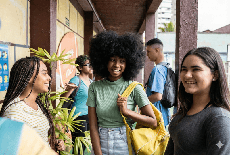 Estudantes conversando no corredor da universidade