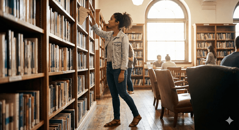 Estudante pesquisando na biblioteca