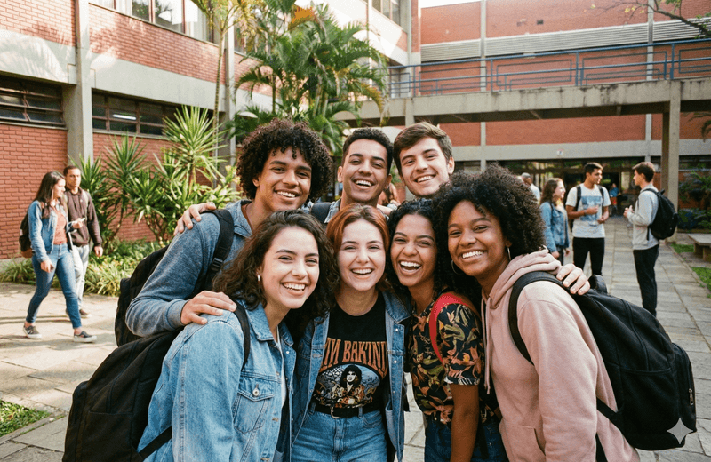 Grupo de amigos no pátio da universidade